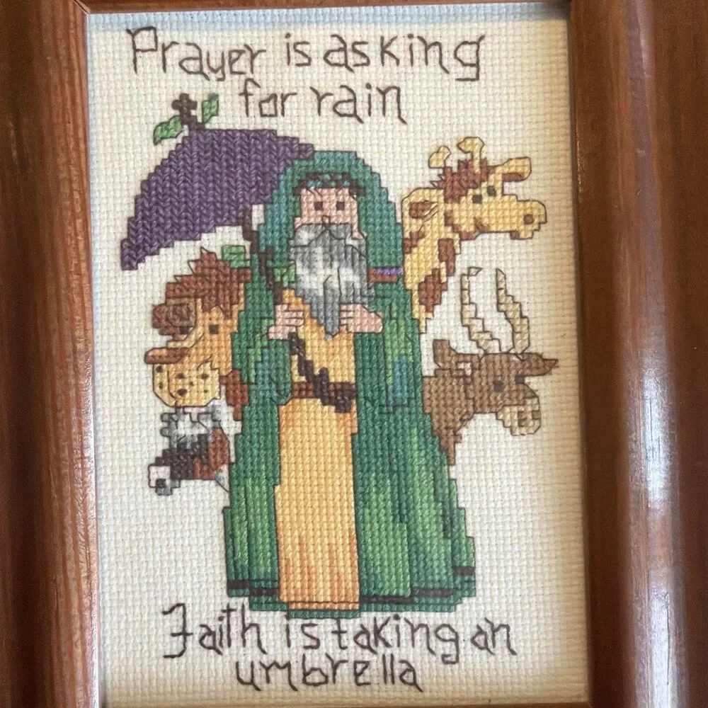 Vintage Noah Ark Cross Stitch Framed Prayer Faith Umbrella Religious Wall Art